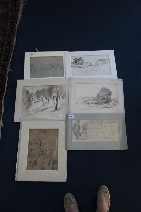 Jean Marchand (1883-1940) Landscape in blue crayon, study of a tree and other landscapes, largest 10.5 x 15in., unframed